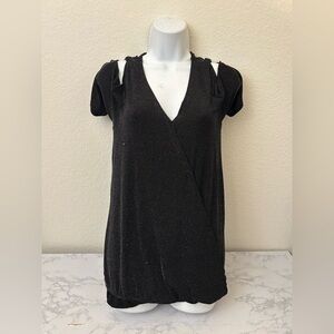 Lola B Blouse Top Womens S Black Cold Shoulder Pullover Stretchy Lined V Neck​